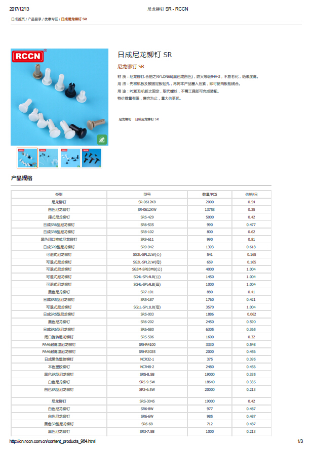 日成尼龍鉚釘 SR 規格書